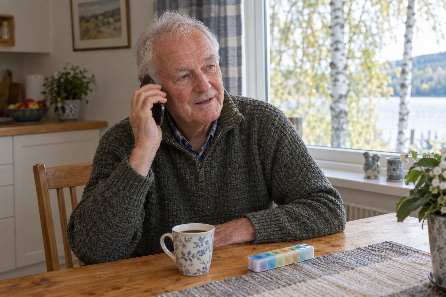 Eldre mann ringer legekontoret fra kjøkkenbordet